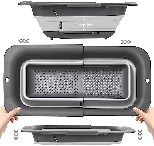 ROTTOGOON Collapsible Colander Strainer, Expandable Over the Sink Colander for Kitchen, Adjustable Silicone Sink Strainer, Foldable Large Colanders Basket to Wash Vegetable, Fruit, 15" to 19.8", Gray