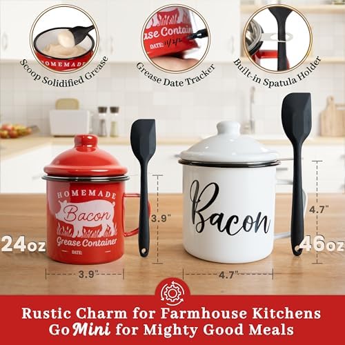 Ayerphalo Bacon Grease Container with Strainer - With Food-Grade Silicone Spatula, 24oz Enamel Rustic Farmhouse Fat Container, Keeper, Recipes, Dishwasher Safe