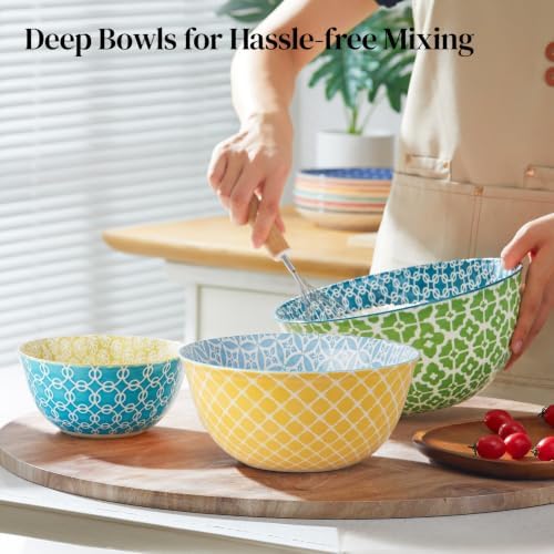 DOWAN Ceramic Mixing Bowls - Large Nesting Bowl for Kitchen, Colorful Mixing Bowl for Serving, Baking, Prep, Salad, Microwave & Dishwasher Safe, 3.7/2/1 Qt, Set of 3