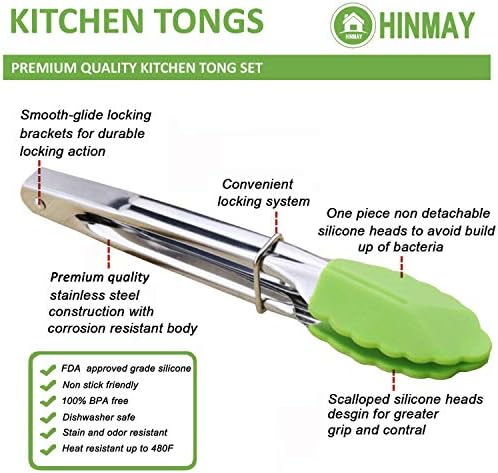 HINMAY 7" Mini Tongs with Silicone Tips, Set of 3 (Green)