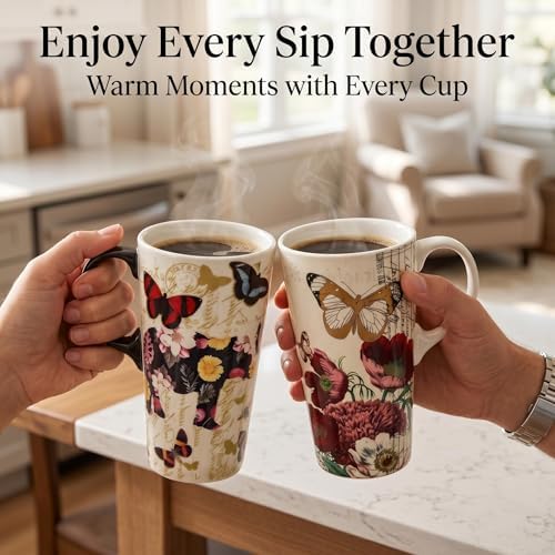 Topadorn 2 Pack 17oz Ceramic Travel Mugs with Lids, Butterfly Floral Set