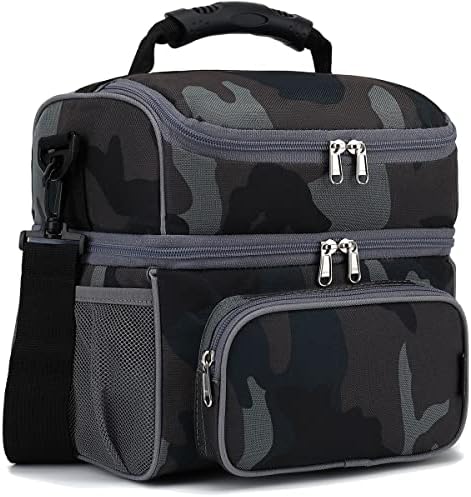 FlowFly Double Layer Cooler Insulated Lunch Bag Adult Lunch Box Large Tote Bag for Men, Women, With Adjustable Strap,Front Pocket and Dual Large Mesh Side Pockets