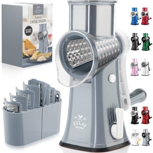 Rotary Cheese Grater Manual Hand Crank 5 Blade Shredder, Gray & White