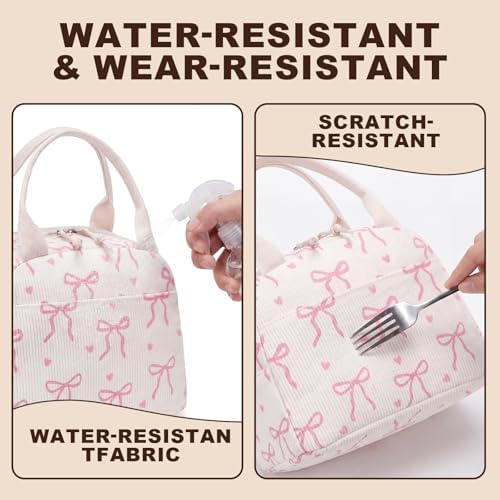 LEDAOU Lunch Box for Women Insulated Lunch Bag Corduroy Lunch Tote Bags Leakproof Cooler Lunch Case for Travel Work Picnic (Bow Tie Beige)