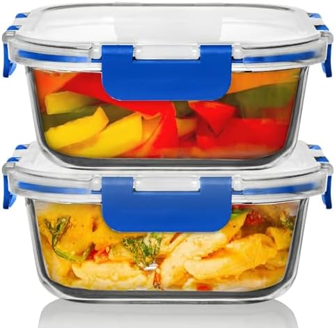 Razab 2 PC 1200ML / 41 Oz Glass Food Storage Containers with Lids - Airtight & Leakproof - Microwave/Oven/Freezer Safe - BPA Free - Ideal for Meal Prep, Storing Leftover & Lunch