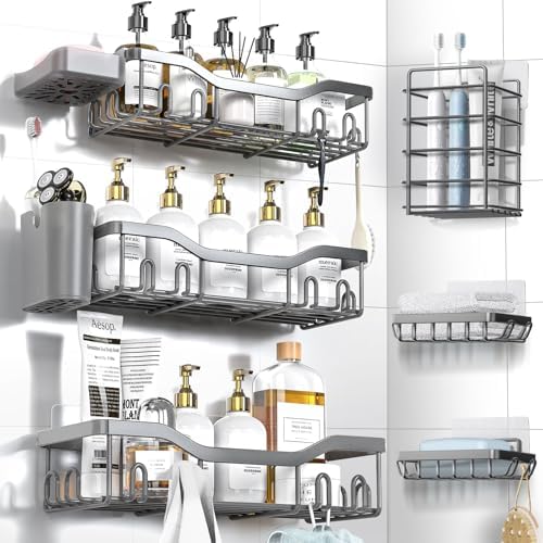 NESOMI Shower Caddy Adhesive Shower Organizer 8-Pack, Rustproof Stainless Steel Bathroom Shelves, Large Capacity No-Drill Rack Storage Accessories with Soap Dish Toothbrush Holder Hooks