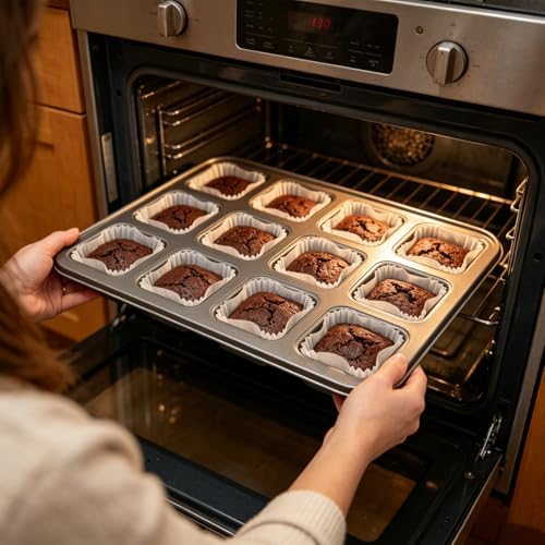 12 Cavity Brownie Pan with Dividers, Non Stick Square Carbon Steel Muffin Baking Bakeware with 300 PCS Parchment Liners, Dark Gray