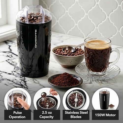 OVENTE Electric Coffee Grinder with One Touch Push-Button, Black CG225B