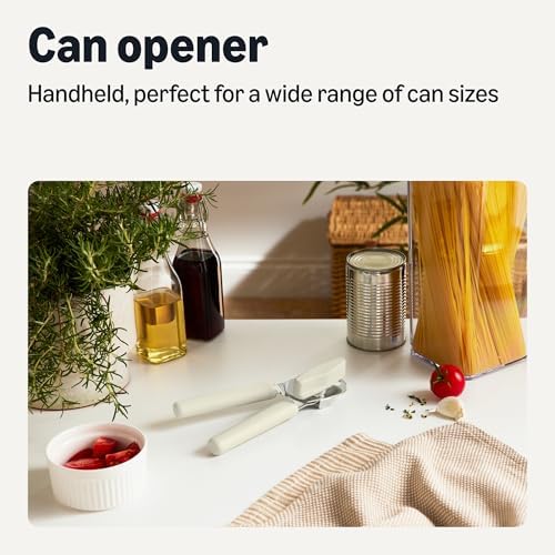 Amazon Basics Manual Can Opener with Stainless Steel Construction, Soft Grip Handle, Dishwasher Safe, Linen Gray
