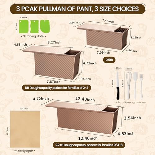 3 Pack Pullman Loaf Pan with Lids, Non-Stick Bread Loaf Pan, Heavy Duty Carbon Steel Corrugated Toast Box for Baking, Square Bread Pans for Homemade Sandwich, Bakeware (Rose Gold)