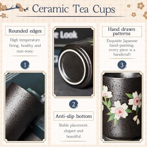 Qinyoung 4 Pcs Japanese Tea Cups Ceramic 10 oz No Handle, Flower， Bamboo