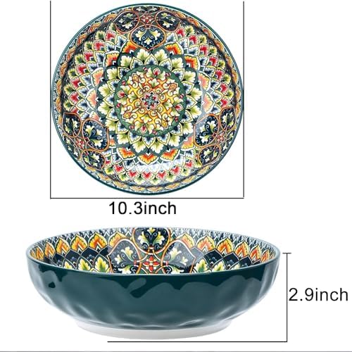 Large Serving Bowls, 75 Oz Fruit Salad Bowls, Bohemian Style Large Porcelain Dishes for Entertaining Parties,Big Bowls for Eating Soup, Salad, Pasta, Fruit, Chips, 10.3 Inch Diameter (green)