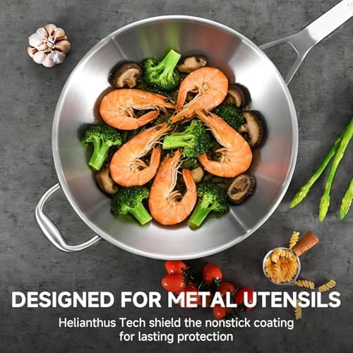 Inqibee 14 Inch Stainless Steel Wok Pan with Lid, Detachable Handle