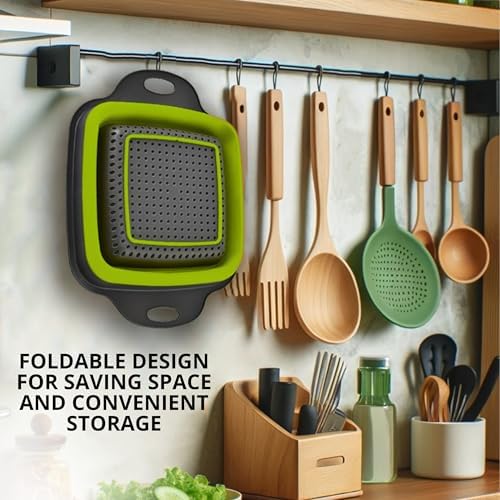 Square Collapsible Colander with Handles – Green Square Silicone Kitchen Strainers with Plastic Handles Foldable Kitchen Strainer Perfect for Draining Pasta Vegetable and Fruit Green