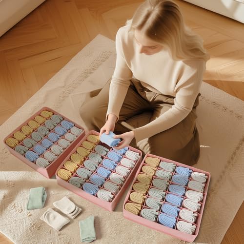 Joyoldelf 4-Pack Pink Fabric Dresser Drawer Organizers, 24-Cell Sock Drawer Divider, Non-woven Material