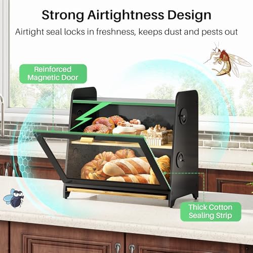 SNTD Airtight Bread Box for Kitchen Countertop, Bamboo Cutting Board, Black
