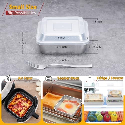 E-far 6 x 6-Inch Square Baking Pan with Lid, Small Stainless Steel Cake Brownie Pans Trays Dishes for Toaster Oven Air Fryer, Healthy & Dishwasher Safe - Set of 2(2 Pans + 2 Lids)