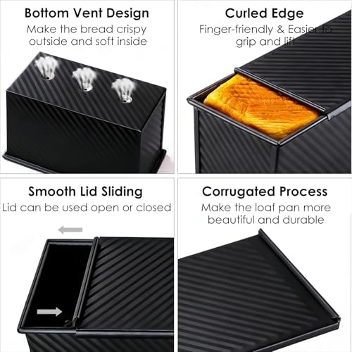 Saiveina 【5 Bonus Heart Shaped Cake Pans 】 Pullman Loaf Pan with Lid, 1 lb Bread Loaf Pan Non-Stick Carbon Steel, Square Bakeware for Sandwich, Shokupan, Pain de Mie, Sourdough, Toast, Black