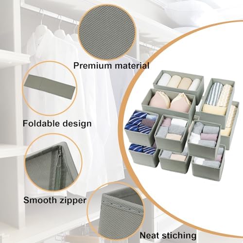 Fordonral Drawer Organizer Clothes, Foldable Fabric Dresser Organizer Closet Organizers and Storage Box for Underwear,Folded Clothes,Baby Clothing,Socks,Bra,Towels,Ties(6M+6S,Gray)