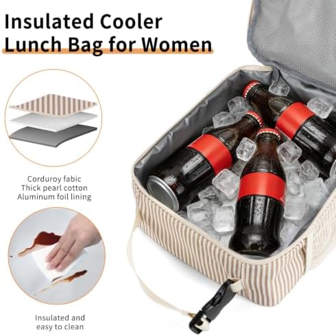 Lunch Box for Women Men Adult Insulated Lunch Bag Women Men Small Reusable Lunchbox for Work Picnic Travel (Brown Stripes)