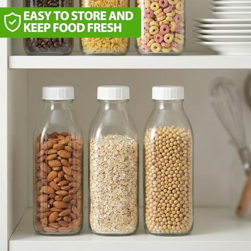 CUCUMI 2 Pack 32 Oz Glass Milk Bottle with Reusable Lid