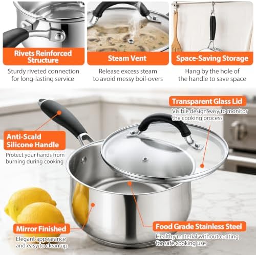 TeamFar Sauce Pan, 3 Quart Stainless Steel Saucepan with Lid