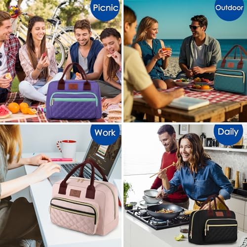 Genteen Lunch Bag Lunch box for Women Men Insulated Tote LunchBox for Adult Women Men Reusable Lunch Box with Front Pocket for Work, Picnic or Travel-18 Cans/14 Liters -BLACK/PINK