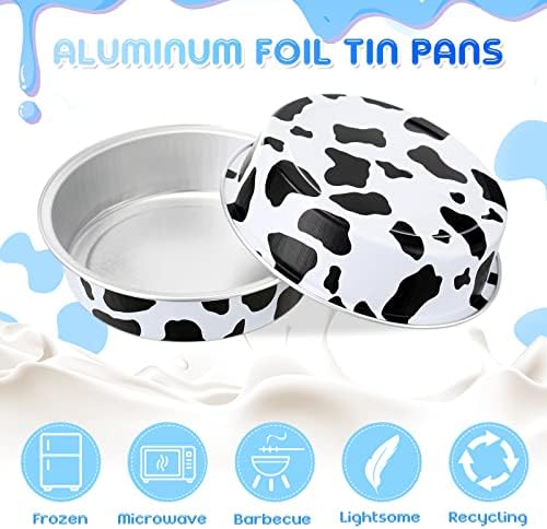 Yinder 120 Pcs 8 oz Disposable Creme Brulee Ramekins with Lids, 4 Inch Mini Pie Tins Aluminum Foil Pie Tart Cake Baking Pans Individual Round Containers Oven Safe for Xmas, Party(Cow Print)