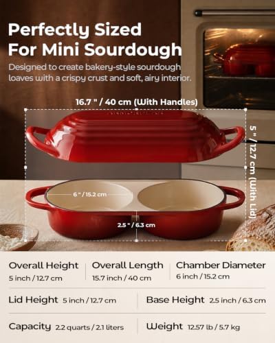 Mini Double Dutch Oven for Sourdough, Enameled Cast Iron Bread Pan, Red