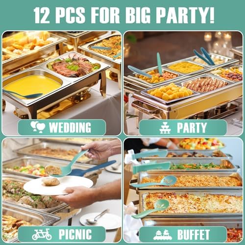 Reusable Plastic Serving Utensils Set of 12, Wheat straw Large Serving set 10" Serving Spoons/10" Slotted Spoons/9.4" Tongs, for Party Buffet Catering (Ocean, Not for Cooking)