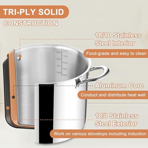 Herogo 12 QT Stock Pot, Tri-ply 18/10 Stainless Steel Cooking Pot with Lid, 12 Quart Large Metal Pasta Stockpot for Chicken Soup, Big Stockpot for Induction Gas Electric Stove, Dishwasher Safe