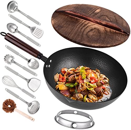 Leidawn 12.8" Carbon Steel Wok,11 Pcs Woks & Stir Fry Pans Wok Pan with Lid
