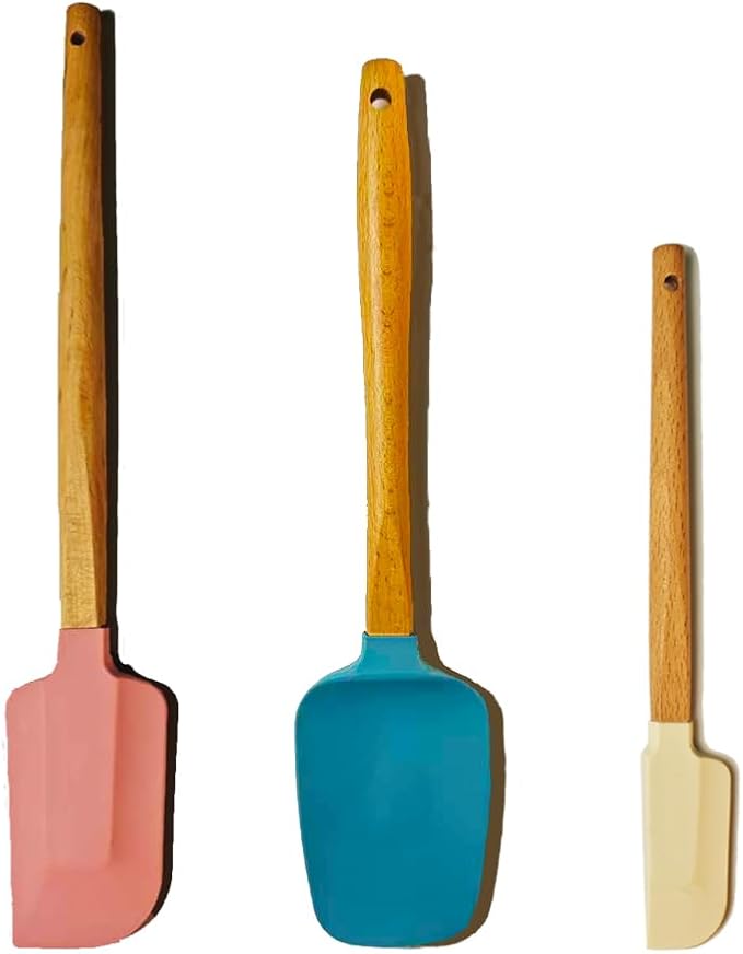 Silicone Spatula Set 3-Piece with Wooden Handles, Heat-Resistant for Mixing, Scraping, Cooking, Baking, Coral Pink, Royal blue, Cream