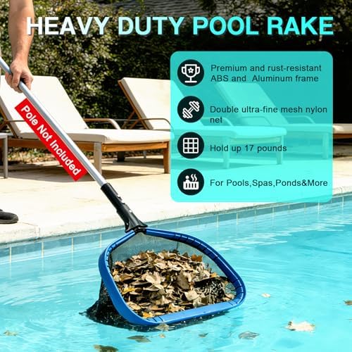 FEED GARDEN Pool Leaf Rake Pool Skimmer Nets for Cleaning with Double-Layer Deep Big Bag,17.5" L x 11" W Heavy Duty Aluminum Frame & Handle Rake(Pole Not Included)