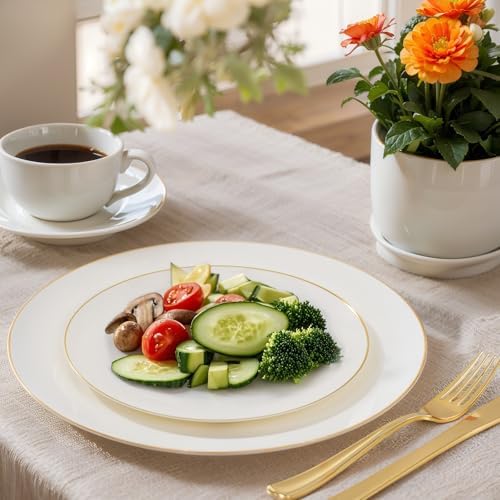 Nervure 100Pcs Ivory and Gold Plastic Plates - 10.25inch Disposable Ivory Dinner Plates - Heavy Duty Plastic Plate Ideal for Wedding & Party (Pack of 2)