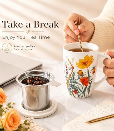 AmorArc Tea Cup With Infuser and Lid, 18oz Loose Leaf Tea Mug With Steeper