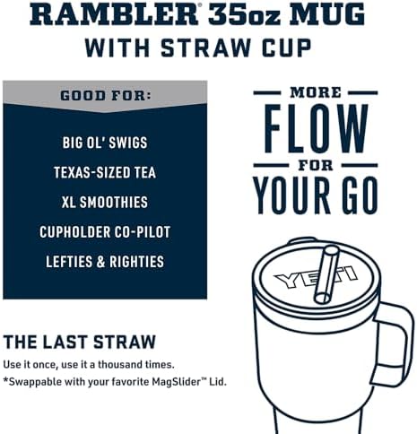 YETI Rambler 35 oz Tumbler with Handle and Straw Lid, Travel Mug Water Tumbler, Vacuum Insulated Cup with Handle, Stainless Steel, Navy