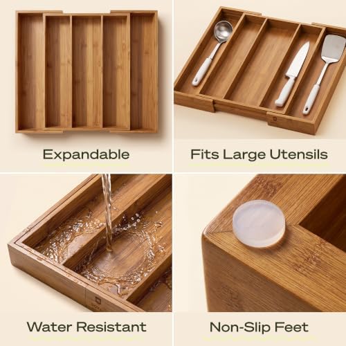ROYAL CRAFT WOOD Carbonized Bamboo Kitchen Drawer Organizer - Silverware Organizer - Utensil Holder and Cutlery Tray with Grooved Drawer Dividers for Flatware and Kitchen Utensils, 5 Slot