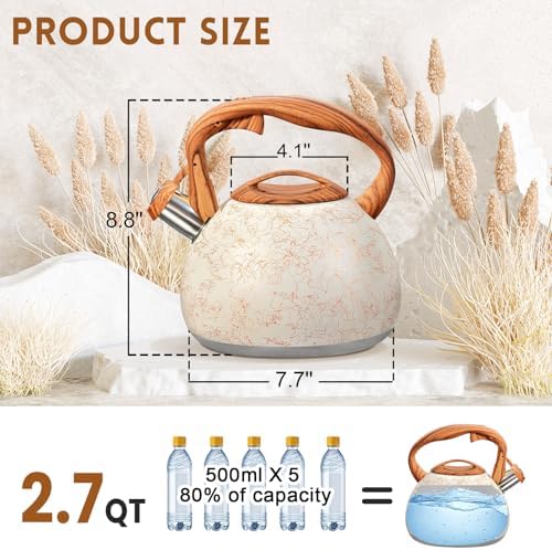 GGC Tea Kettle for Stove Top, Loud Whistling Kettle for Boiling Water Coffee or Milk, 3.1 Quart Stainless Steel Art Line White Pot with Wood Pattern Handle, Unique Button Control Outlet