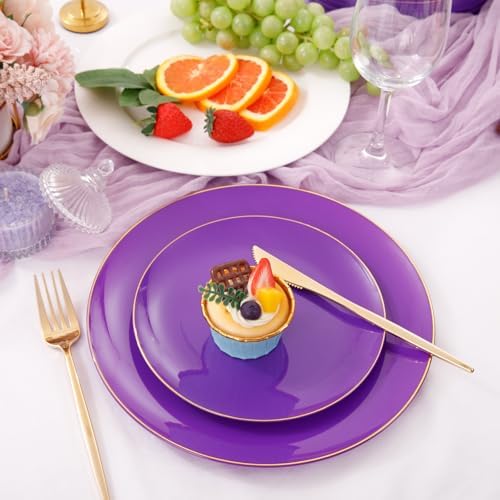PULOTE 100PCS Purple Plastic Plates - Purple and Gold Disposable Include 50 Each (10.25 Inch Dinner & 7.5 Inch Dessert) Plates, Ideal for Party