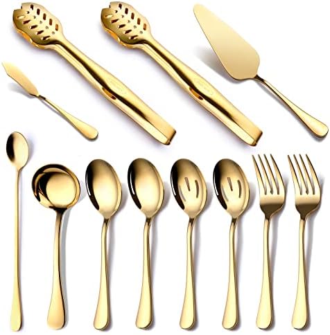 Gold Serving Utensils, OGORI 12-Piece Stainless Steel Serving Utensils Include Serving Spoons, Slotted Spoons, Serving Tongs, Serving Forks, Butter Knife, Stirring Spoon, Soup Ladle, Pie Server