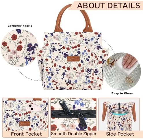 Joymee Insulated Lunch Bag Leakproof with Bottle Holder- Corduroy Floral