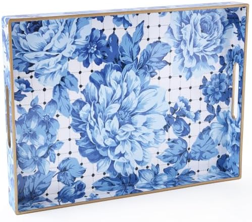 Serving Tray with Handles, Rectangular Plastic Tray 15.75x11.81 Inch, Decorative Tray for Kitchen, Dining Table, Vanity, Office & Home (Blue Peony, 15.8" x 11.8" x 1.6")