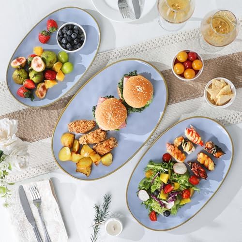 Ceramic Oval Serving Platter: 15.6/14.3/12.9 Inch Large Serving Dishes for Entertaining Party, Turkey, Steak, Ham, Microwave Dishwasher Safe, Blue