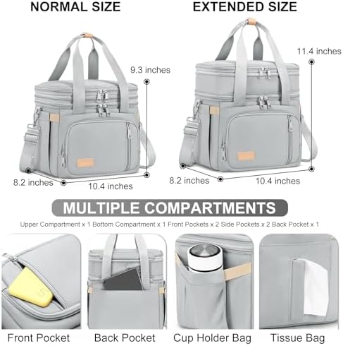 MAPLELILY Lunch Box for Men Women - Double Deck Insulated Lunch Bag, Large Leak Proof Tote Cooler, Wide Open Dual Compartment Lunch Bags with Shoulder Strap, For Work Picnic Hiking Beach, Grey