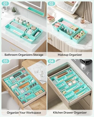 Canfanni 13 Pack Plastic Drawer Organizers Set, 3 Sizes Desk Drawer Organizer Trays for Vanity and Makeup Organizer, Organization and Storage for Makeup, Kitchen Utensils, Bathroom and Office(Blue)