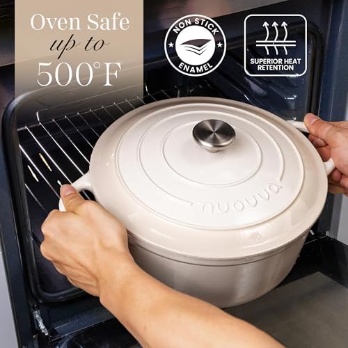 Nuovva Enamelled Cast Iron Dutch Oven Pot with Lid 6.4 Quart Non Stick Casserole Pot-Heavy Duty & Oven Safe up to 500° F for Bread Baking, Braising, Stews, Roasting - 28cm Oyster