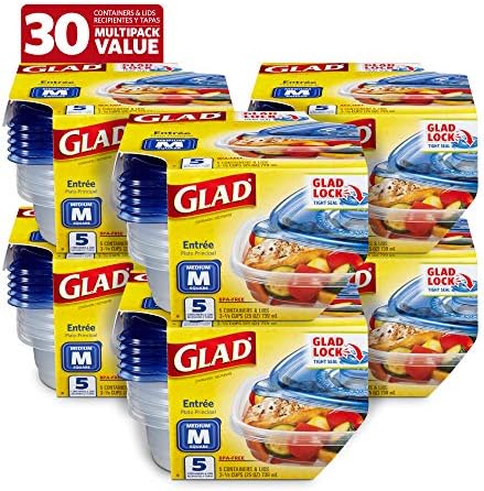 Glad GladWare Entree Food Storage Containers with Lids, Medium Square No BPA Plastic for Meal Prep and Lunches, Lock Tight Seal, Microwave and Dishwasher Safe, 25 Oz, 5 Count - 6 Pack