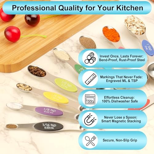 Magnetic Measuring Spoons Set of 9 with Leveler, Color-Coded Dual Sided Stainless Steel Measuring Spoon Set, Stackable Teaspoon and Tablespoon Set for Baking, Cooking, Kitchen Gadgets Dishwasher Safe
