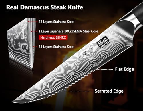SHAN ZU Steak Knife of 7, 4.5 Inch Damascus Steak Knife Set with Block